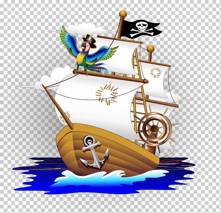 пиратский корабль на водоеме, попугай пиратский мультфильм иллюстрации, мультфильм пиратский корабль, мультипликационный персонаж, еда, иллюстратор png