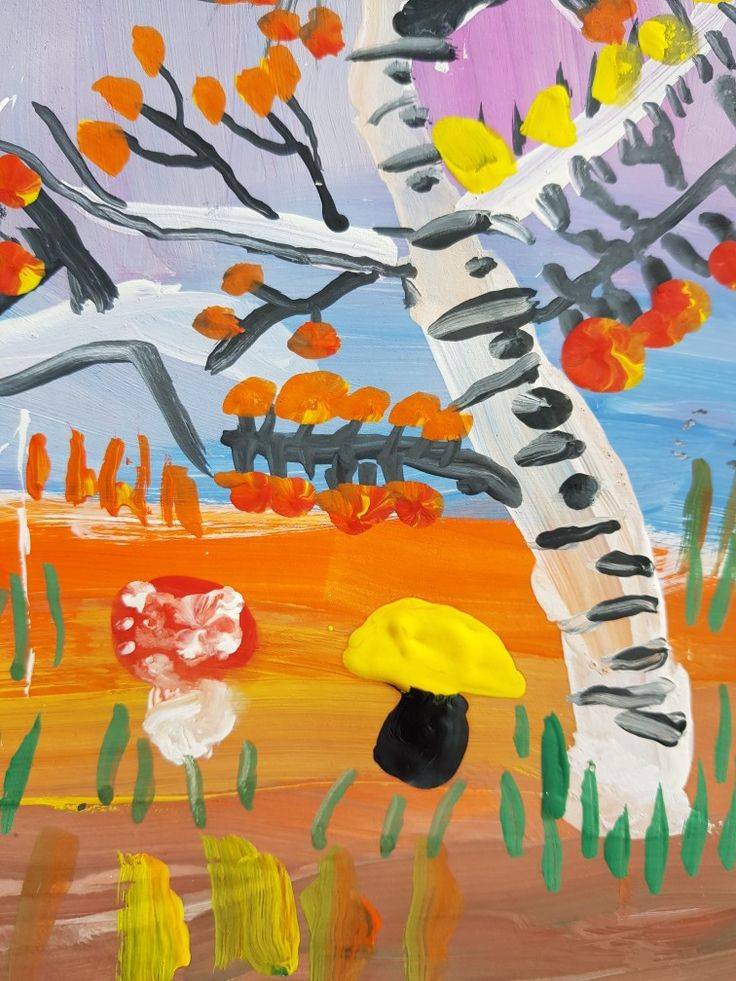 Береза детский рисунок Осенний пейзаж детский рисунок осенний лес гуашь