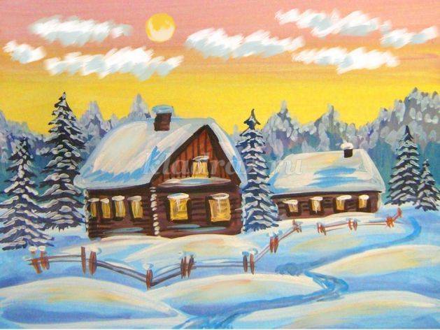 Зимний пейзаж поэтапное рисование гуашью для детей