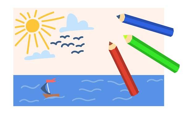 Детский рисунок морской пейзаж цветными мелками креативная детская картинка
