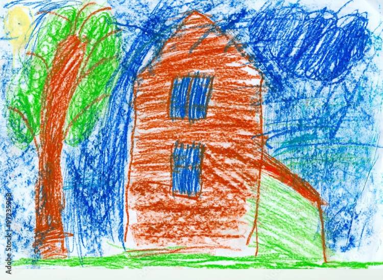 Детский рисунок, дом с деревом Stock Illustration