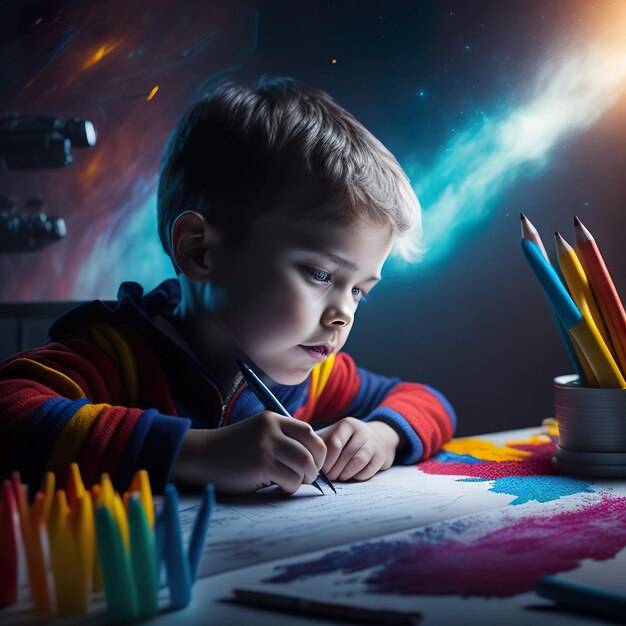 Мальчик сидит за партой с рисунком карандашом