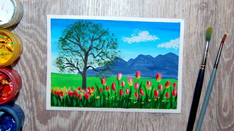 Как нарисовать пейзаж с тюльпанами