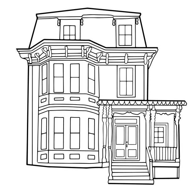 Ручной рисунок двухэтажного дома здание в стиле векторных каракулей для раскраски страницы
