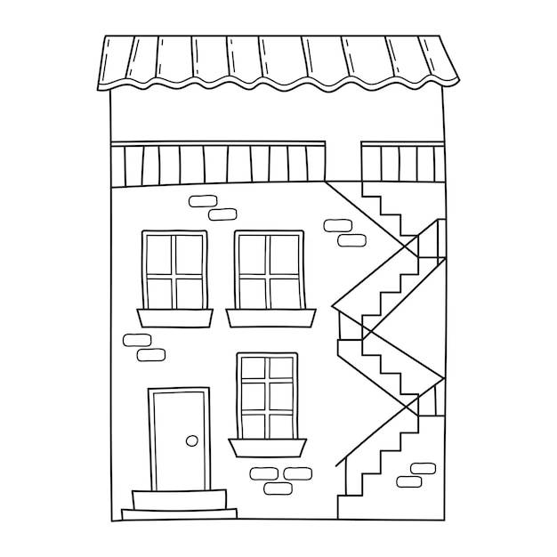 Простой двухэтажный дом с кирпичной стеной и лестницей в стиле каракулей