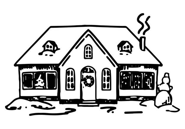 Уютный зимний дом каракули заснеженной деревенской сцены ручной рисунок векторной иллюстрации один контур картинки изолирован на белом