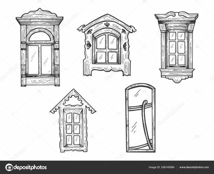 Дом деревянные старые окна эскиз гравировки векторной иллюстрации