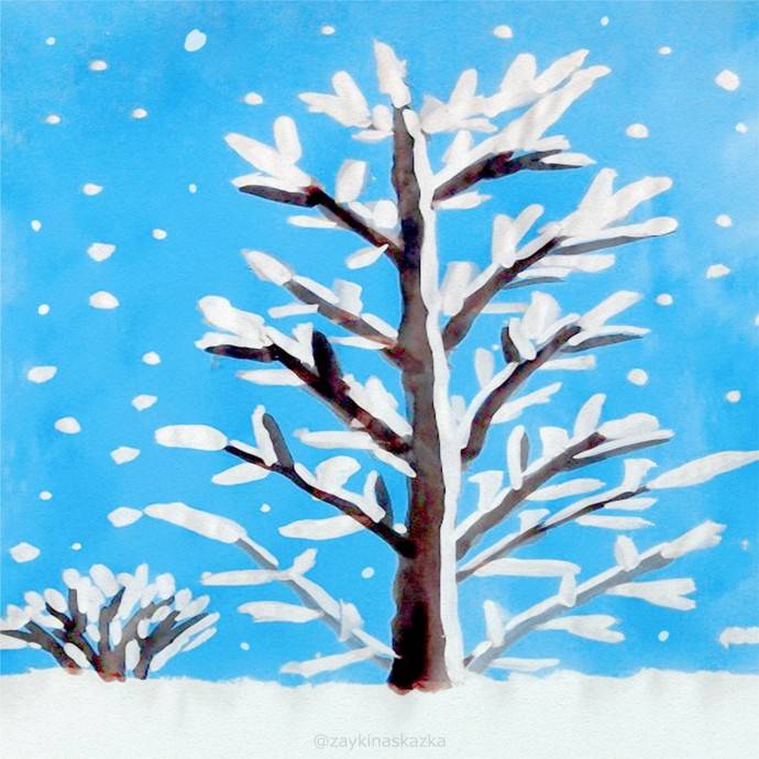 Рисуем зимние деревья красками