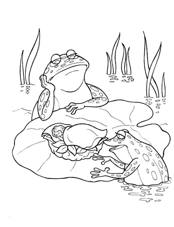 Дюймовочка спит на большом листке и на нее смотрят две большие жабы