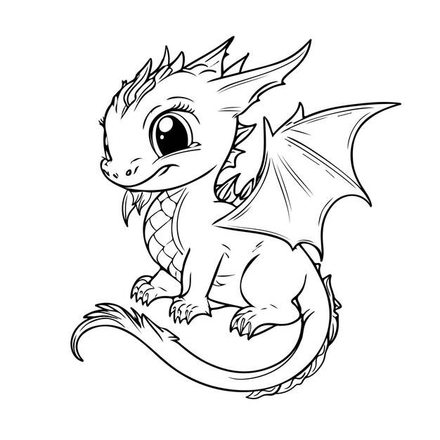 Ручной рисунок персонажа животное милый дракон очертания черно-белый мультяшный эскиз раскраски