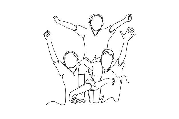 Одна линия рисует счастливых детей, выигравших футбол, играя в футбол концепция командной работы непрерывный рисунок линии графическая векторная иллюстрация