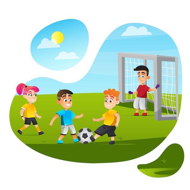 Мультяшные дети играют в футбол на траве поля