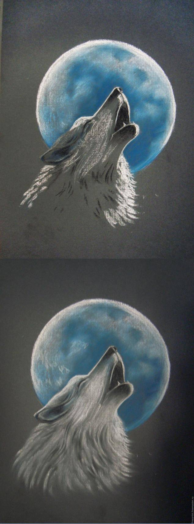 Волк, воющий на луну» в технике сухая пастель