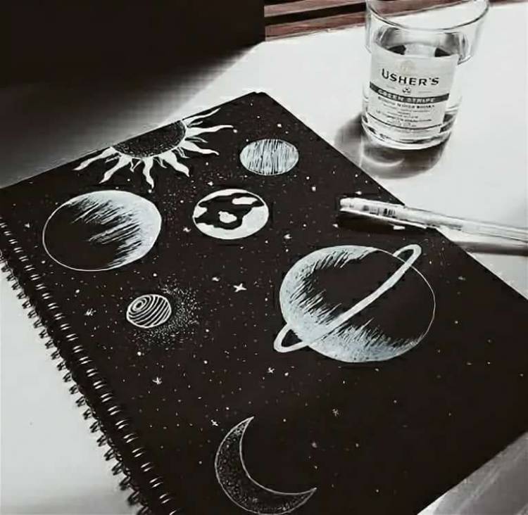 Рисование белой ручкой по черной бумаге космос девушка