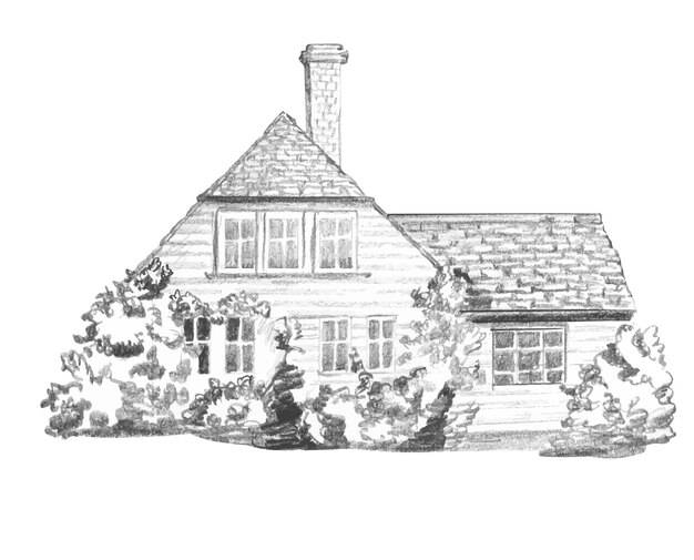 Графический рисунок простым карандашом утопающего в саду английского дома с черепичной крышей
