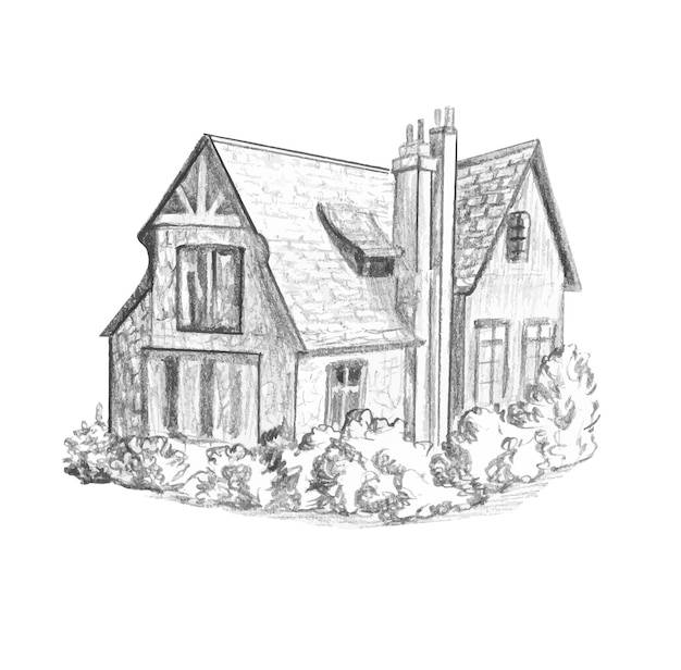 Графический рисунок простым карандашом английского каменного дома