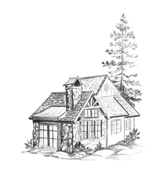 Графический рисунок простым карандашом английского дома с елью