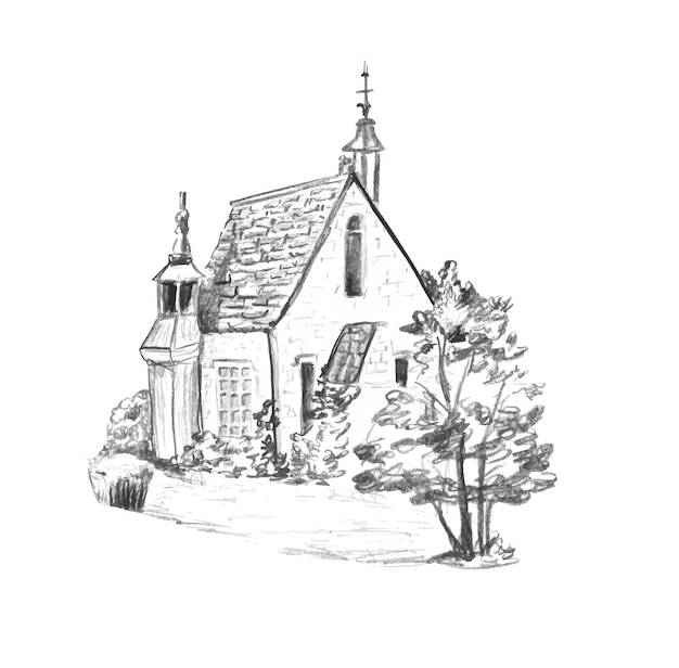 Графический рисунок простым карандашом католической церкви