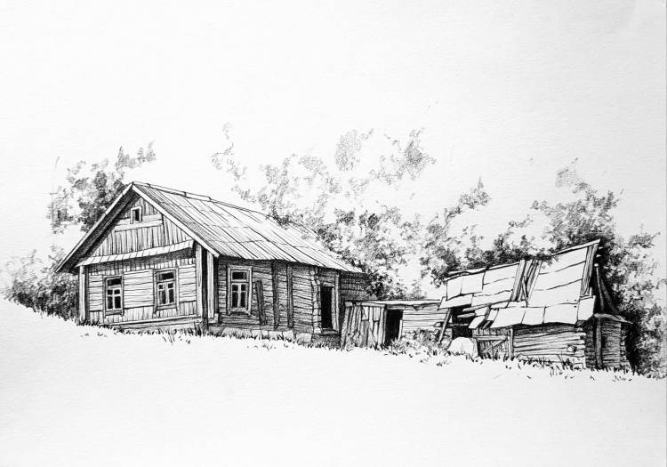 Рисунок карандашом домик в деревне