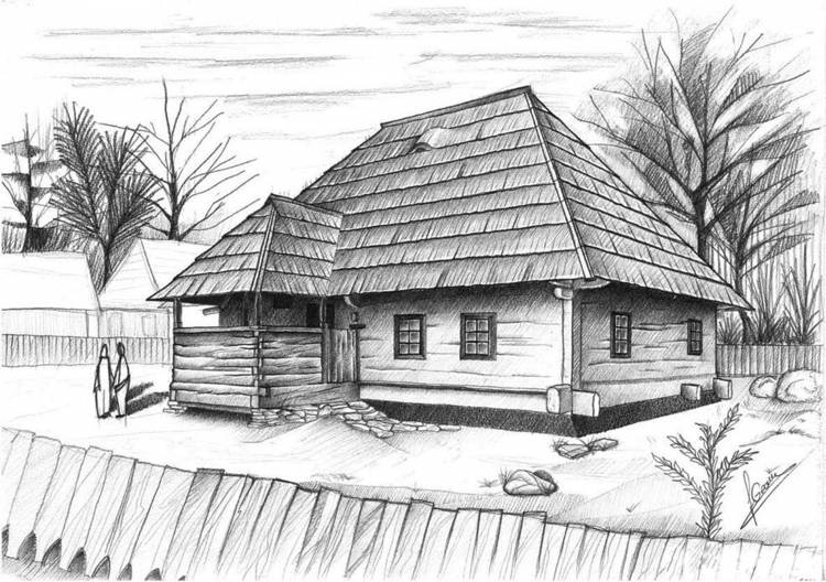 Рисунок домик в деревне карандашом