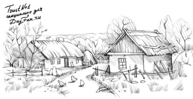 Рисунки карандашом деревенский дом 