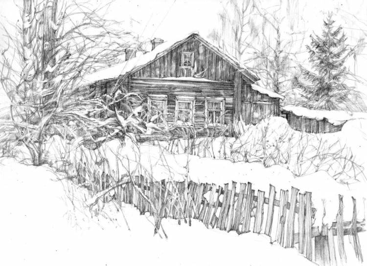 Рисунок зимний пейзаж карандашом