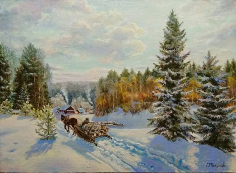 Картина зима, зимний пейзаж, холст, масло