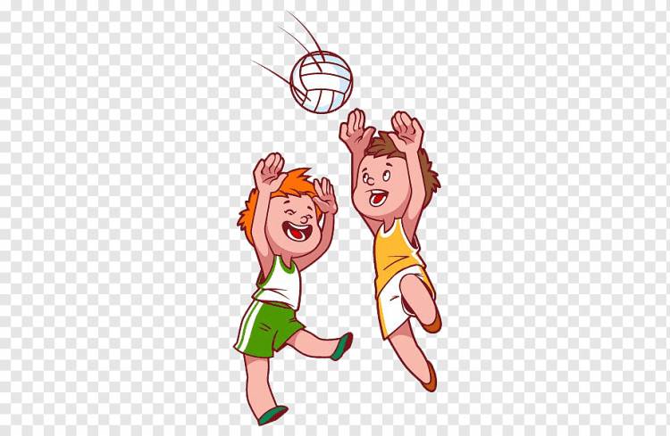 два мальчика играют в мяч иллюстрация, пляжный волейбол ребенок, мультфильм дети играют в волейбол, мультипликационный персонаж, пляж, еда png