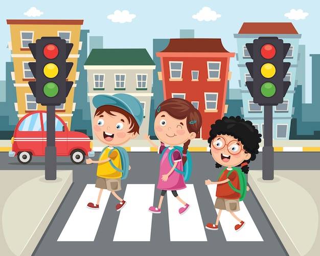 Иллюстрация детей, проходящих через пешеходный переход