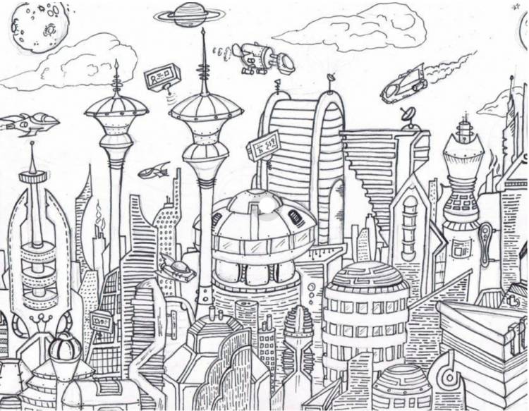 Фантастический город рисунок карандашом