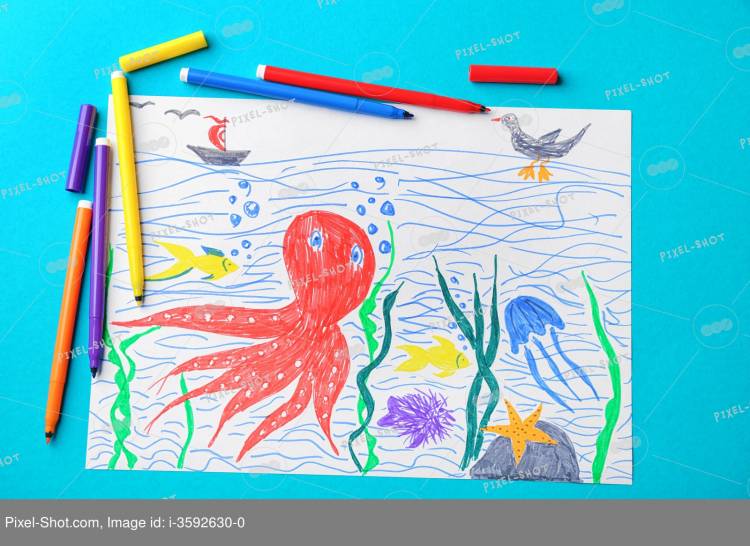 Детский рисунок подводного мира на синем фоне
