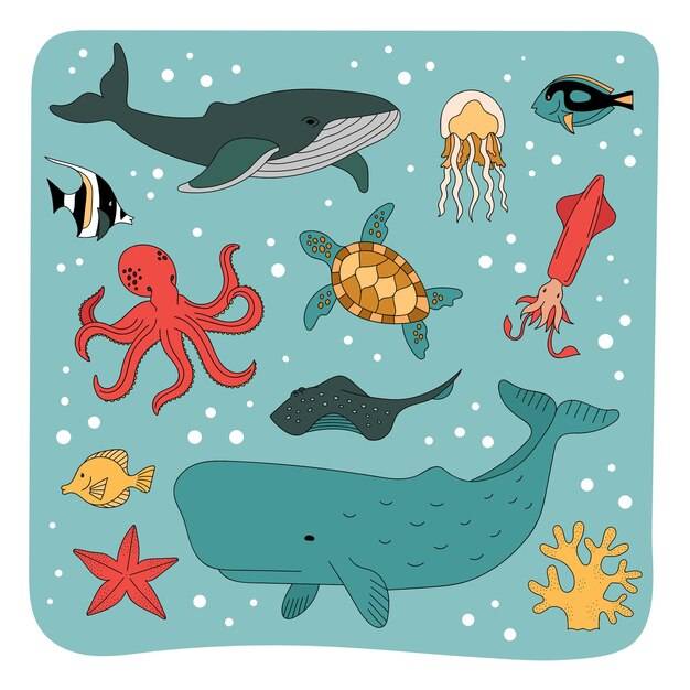 Множество морских обитателей, подводных животных