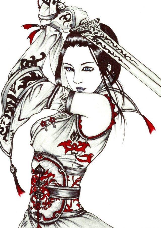 Рисунки карандашом девушка самурай 