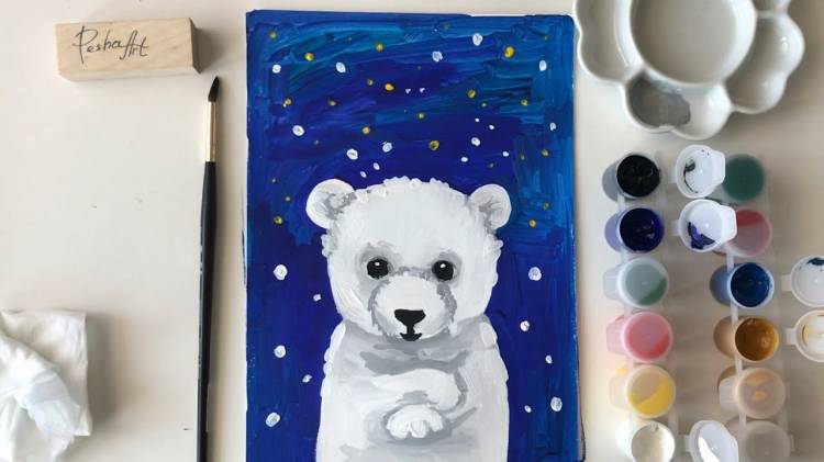 Как нарисовать белого медведя гуашью