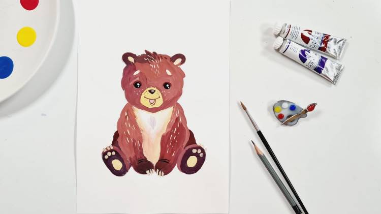 Рисуем милого медведя! Как легко нарисовать медвежонка красками!