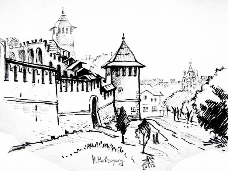 Нижегородский кремль рисунок карандашом