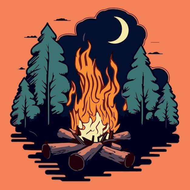 Векторная иллюстрация костра ночью в лесу костер в лесу логотип путешествия