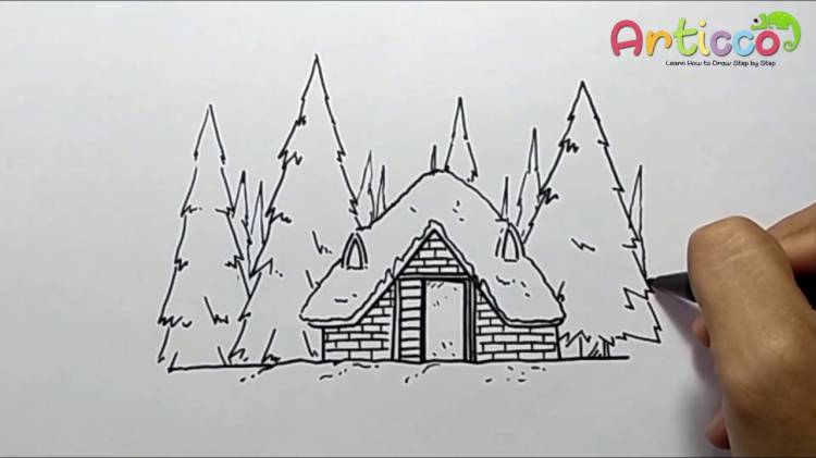 Как нарисовать заснеженный домик в лесу