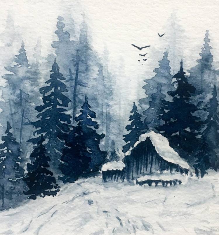 Рисунок акварелью лес зимой
