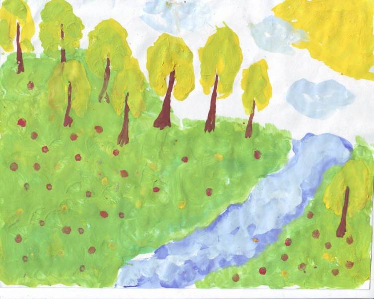 Детский рисунок река в лесу 