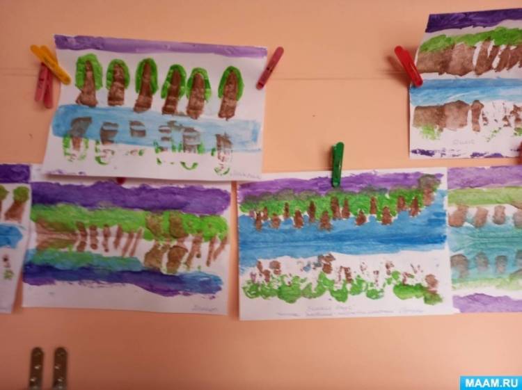 Фотоотчет «Как мы рисовали деревья на берегу озера в технике пейзажной монотипии» с детьми подготовительной группы 