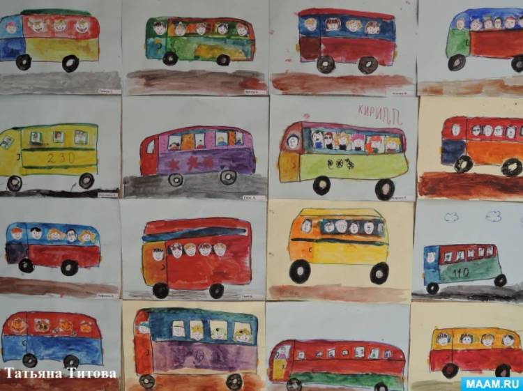 Фотоотчет по рисованию автобуса акварельными красками с элементами аппликации 