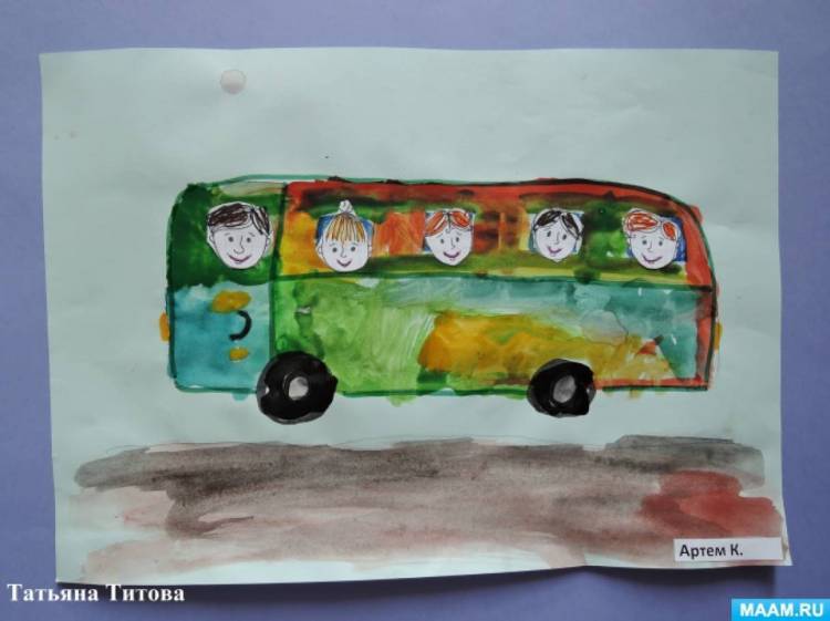 Фотоотчет по рисованию автобуса акварельными красками с элементами аппликации 