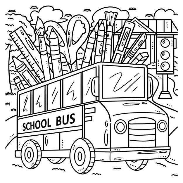 Обратно в школьный автобус изолированная страница раскраски для детей
