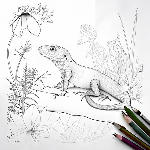 Рисунок ящерицы, сидящей на листе бумаги цветными карандашами, генеративный ии