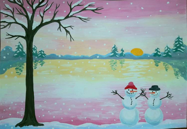 Детский зимний пейзаж рисунок гуашью