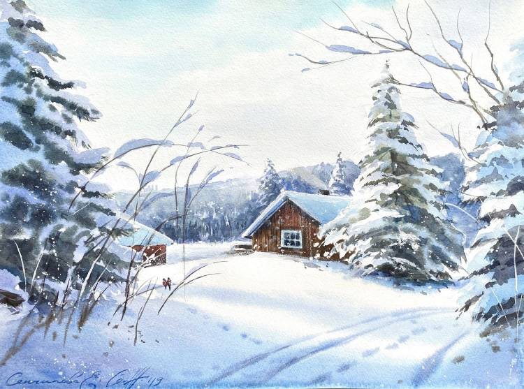 Зимний домик в лесу рисунок карандашом