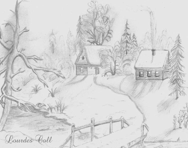 Рисунок зимний пейзаж карандашом
