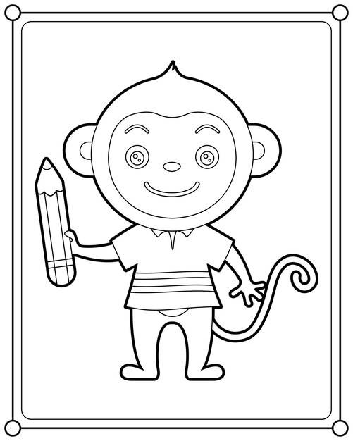 Милая обезьяна держит карандаш, подходящий для детской раскраски страницы векторной иллюстрации