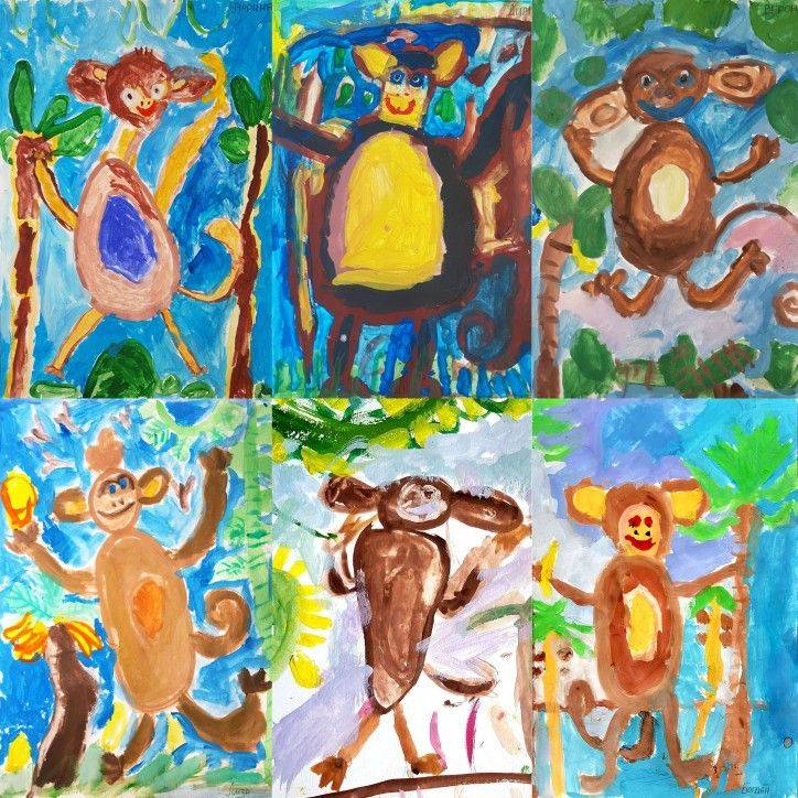 Обезьяна рисунок красками, гуашь, рисование тропических, африканских животных, рисование в детской художественной студии, дет… в